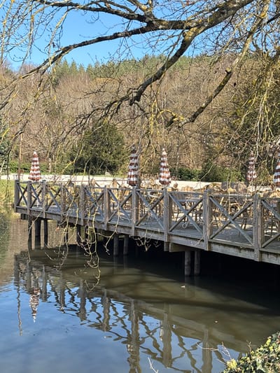 This image depicts an empty outdoor restaurant terrace constructed over a body of calm water, likely the Étang de Cernay (Cernay Pond), in Cernay-la-Ville, France. The scene is illuminated by direct sunlight under a clear blue sky, indicating fair weather.
In the foreground, the bare, gnarled branches of a deciduous tree, showing early buds and some lichen, extend from the upper left and right, hanging down into the frame. The branches cast reflections on the water's surface.
The midground features a weathered wooden deck or pier, supported by numerous vertical wooden posts submerged in the water. The deck is enclosed by a rustic wooden railing featuring a diagonal lattice design. Arranged on the deck are several light-colored outdoor dining tables surrounded by matching chairs. Three closed parasols with alternating dark brown and light stripes stand upright among the tables. No individuals are present on the terrace.
The body of water beneath the deck is dark and still, providing clear reflections of the wooden structure, the overhead branches, and notably, a distant architectural element. On the far left of the water's surface, the distinct reflection of a slender, pointed spire, characteristic of the Église Saint-Brice (Saint-Brice Church) in Cernay-la-Ville, is visible.
In the background, beyond the terrace, a strip of grassy land and a light-colored path lead to a dense forested area. The trees are predominantly deciduous, appearing bare with hints of early spring growth, and some evergreen foliage is interspersed.