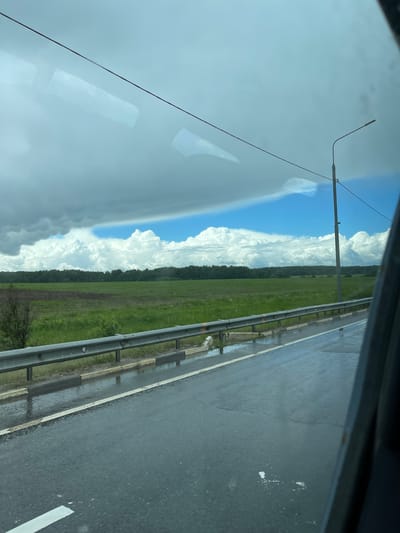The image, taken from inside a vehicle, shows a roadside scene near Кокино, Russia. The vehicle is moving on a wet asphalt road, adjacent to a silver metal guardrail. Beyond the guardrail is a field of green vegetation and a tree line. The sky is partly cloudy with patches of blue. A street light pole is visible. The view is partially obstructed by the vehicle's interior.