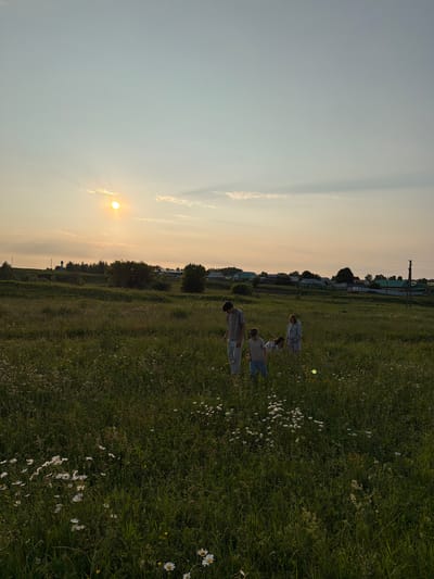 The image depicts a group of four people outdoors in a grassy field with scattered daisies. The people are spread out across the field, with some lying down and others standing. One person is visible from the back, wearing a gray t-shirt and jeans, and appears to be walking or standing. Another person, seen from the side, is wearing a light-colored top and blue jeans, and is lying on the grass. Two other individuals are also in the field, though their details are less clear.

The scene is set during what appears to be sunset, indicated by the soft, warm light and the sun visible in the sky on the left side of the image. The sky is mostly clear with some wispy clouds. In the background, there are trees and some buildings, suggesting a rural or semi-rural setting, consistent with the provided location context of Kutlu-Bukash, Russia. The overall mood appears peaceful and relaxed, as the individuals are enjoying the open space and the evening light. There is no visible text in the image.