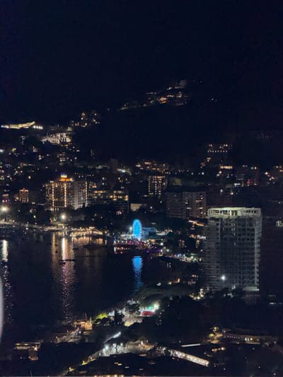 This is a nighttime aerial view of a city scene. The image features a large body of water reflecting the lights of the city, which is illuminated with numerous buildings and streetlights. On the left side of the image, there is a dark, unlit area that might be a forested or undeveloped region. In the central and right portions of the image, various structures are visible, including what appears to be a Ferris wheel with blue lights and several multi-story buildings with illuminated windows. The reflections on the water suggest a calm or gently rippling surface. The scene is characteristic of an urban environment at night, likely a waterfront area with recreational attractions. There is no visible text in the image.