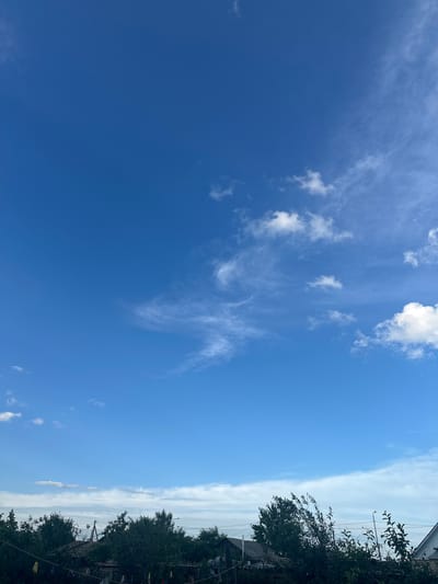The image depicts a bright, clear blue sky with scattered white clouds. The clouds are wispy and feathery in some areas, with larger, puffier clouds in others. The sky occupies most of the frame, creating a sense of vastness and openness. On the right side of the image, a dense line of dark green trees borders the sky. The trees are lush and full, with some branches extending into the sky. Behind the trees, hints of buildings and structures are visible, suggesting a populated area. A clothesline with several colorful clothespins is strung across the foreground on the right, adding a touch of domestic detail. The overall scene suggests a sunny day, likely in the late morning or early afternoon, given the brightness of the sky and the clear visibility. There is no visible text in the image. The setting appears to be outdoors, possibly a backyard or a park area, with the trees providing a natural boundary between the open sky and the human-made environment. The image evokes a feeling of peace and tranquility.