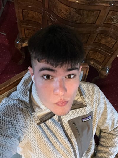 A fair-skinned young man with dark hair poses for a selfie. He's wearing a patterned grey Patagonia fleece with a brown chest pocket. He's also wearing a white turtleneck. One earbud is visible. He is sitting in a chair, and part of a dark, carved wooden piece of furniture is behind him. The background also features a red patterned rug or carpet.