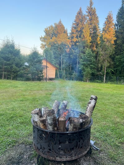 In the city of Popovka, Russia, a campfire burns in a decorative metal fire pit filled with logs. The fire pit sits on a gravelly surface surrounded by green grass. In the background, a small wooden house is visible amidst a dense forest of fir and pine trees. The sky is clear and blue, suggesting it is either early morning or late afternoon, with sunlight illuminating the tops of the trees. Smoke from the fire drifts upwards, dissipating into the air.