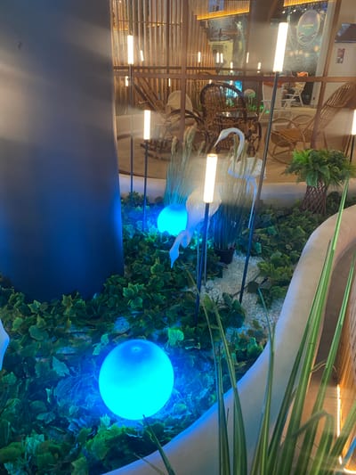 This image depicts an indoor scene with a decorative display. The foreground features lush green artificial ivy covering the ground, punctuated by two large, illuminated blue spheres. To the right, a light-colored, curved architectural element is visible, with tall, thin green foliage growing in front of it.
In the midground, a white swan statue is placed amongst the foliage and white gravel. Several tall, narrow white lights with black stands are positioned throughout the display. Behind this, a light brown, woven rattan chair and other furniture are visible through a latticed partition. The background appears to be a dimly lit indoor space with more latticework and lighting fixtures.
The image does not contain any specific elements that would indicate it is located in Berdsk, Russia. The scene appears to be a decorative display in a commercial or public space, possibly a cafe, restaurant, or retail establishment.
