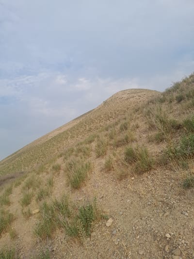 The image depicts a wide, grassy hill under a pale blue sky with sparse clouds. The hill is covered in dry, golden grass and patches of green vegetation. The ground is also dotted with small pebbles and stones. The slope of the hill appears to be gentle, curving upwards and to the right. The lighting suggests it is daytime, possibly late afternoon, given the soft, diffused light. The scene evokes a sense of natural landscape and tranquility. There is no text visible in the image. The context provided places the scene in Кыргыз-Каба, Kyrgyzstan.