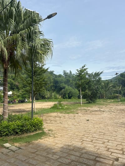 This image captures an outdoor scene in Ninh Ích, Vietnam. In the foreground, a paved area constructed with light-colored rectangular stones transitions into a dirt and grass patch. To the left, a large palm tree with a spirally wrapped trunk stands prominently. Behind the palm tree, a small building with a white roof is partially visible. Several parked motorcycles are arranged in front of the building, and a person in a red shirt is standing near them. A thin, vertical pole with some wires runs up the side of the palm tree.
Further into the scene, a variety of green trees and lush vegetation form a dense backdrop, suggesting a natural or park-like environment. A tall, slender tree stands near the center of the image, and a solar-powered street lamp is visible to the right, positioned in front of a slope covered with trees. The sky above is a pale blue, with scattered white clouds. The overall impression is one of a tranquil, tropical outdoor space with elements of both nature and infrastructure.
