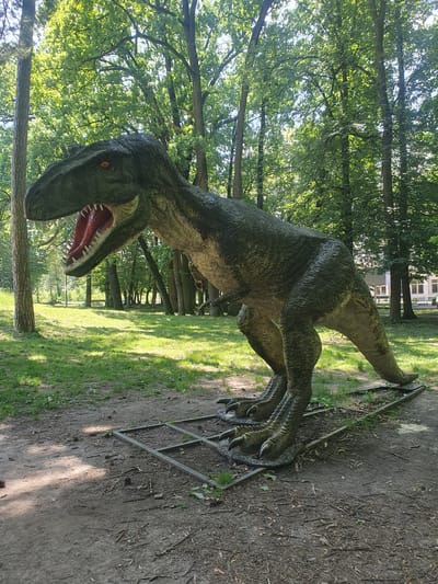 The image shows a life-sized replica of a Tyrannosaurus Rex dinosaur standing on a metal frame in an outdoor park setting. The dinosaur is dark green with detailed skin texture and an open mouth revealing sharp teeth and a red interior. It has large claws on its feet. The ground is a mix of dirt and grass, with scattered pinecones and twigs. Tall trees with lush green foliage form a dense canopy in the background, suggesting a sunny day. In the far background, a building with windows is partially visible through the trees. The scene is likely a park or a tourist attraction, possibly a dinosaur-themed park, located in Ivano-Frankivsk, Ukraine, although this specific location cannot be confirmed solely from the image.