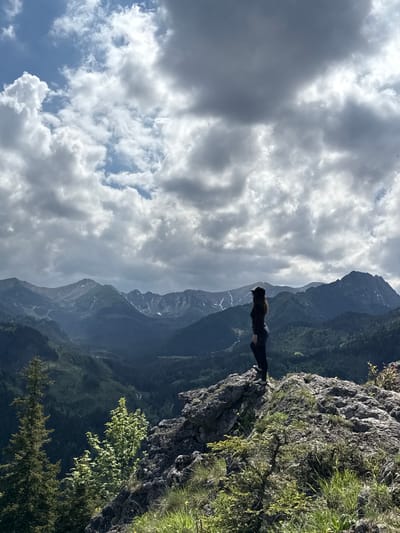 A person, viewed from behind, stands poised on the rugged edge of a steep, rocky cliff, gazing out at an expansive mountain panorama under a dynamic sky. The individual, dressed in dark clothing and with long dark hair, is positioned on the right side of the frame, their posture suggesting contemplation or awe of the vast surroundings.
The cliff face, heavily textured with grey rock and adorned with clusters of vibrant green grass and foliage, dominates the foreground on the right. Below the cliff, a deep, forested valley stretches towards a series of majestic mountain ranges. These mountains, appearing in varying shades of dark green and blue-grey, recede into the distance, with faint patches of snow visible on some higher peaks. Evergreen trees are sparsely visible in the lower parts of the valley.
The left side of the image is filled with a dramatic sky, featuring large, scattered white and grey clouds that allow glimpses of clear blue sky. The lighting indicates daytime, possibly an overcast or partially sunny early afternoon, casting a soft, diffused light across the dramatic landscape. The scene evokes a sense of scale and natural grandeur, characteristic of mountainous regions like Zakopane, Poland. No text is visible in the image.