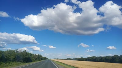 The image depicts a vast, open landscape under a bright blue sky dotted with fluffy white clouds. A paved road stretches into the distance, bordered by a lush green treeline on the left and a golden field of ripe wheat or barley on the right. The sun appears to be high in the sky, suggesting it is daytime, likely midday or early afternoon. The weather seems clear and pleasant, ideal for travel or outdoor activities. There are no people or vehicles visible in the immediate foreground, emphasizing the sense of solitude and expansiveness of the rural setting. The scene evokes a feeling of peacefulness and the beauty of nature. The location is identified as Золотая Степь, Russia.