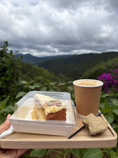 A hand holds a wooden tray with a piece of cake in a clear plastic container, a disposable coffee cup, a black stirrer, and a small rock on a tray. The tray is placed in front of a mountainous, green landscape under a cloudy sky. The location is identified as Xuan Truong - Da Lat, Vietnam.