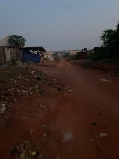 A dirt road stretches into the distance under a gloomy sky. Litter and debris line the path, contrasting with the red-brown earth. On the left, a rough shelter made of tarpaulin stands near dilapidated structures. Further away, buildings fade into the horizon. The scene evokes a sense of poverty and neglect, hinting at a marginalized community.