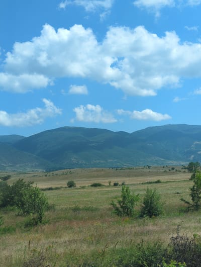 This media file is a photograph of a landscape featuring mountains, fields, and a cloudy sky. The image is oriented vertically, with the sky occupying the left side and the landscape on the right.

The subjects are natural elements: a range of mountains covered in green vegetation that fade into the distance, a field with dry grass and some patches of green, and scattered trees. The sky is a bright blue with fluffy white cumulus clouds. The time of day appears to be daytime, possibly late morning or early afternoon, given the brightness and the appearance of the clouds. The weather seems fair and sunny, despite the clouds.

Notable details include the distinct layers of the mountains, suggesting a valley or a wide expanse. The field has lines, possibly indicating cultivated rows or natural contours. The trees are deciduous and appear to be in full leaf. There is no visible text in the image. The scene evokes a sense of natural beauty and tranquility, suggesting a rural or mountainous region. The location context places this scene in Orizari, Bulgaria, a detail that cannot be deduced from the image alone but provides geographical context.