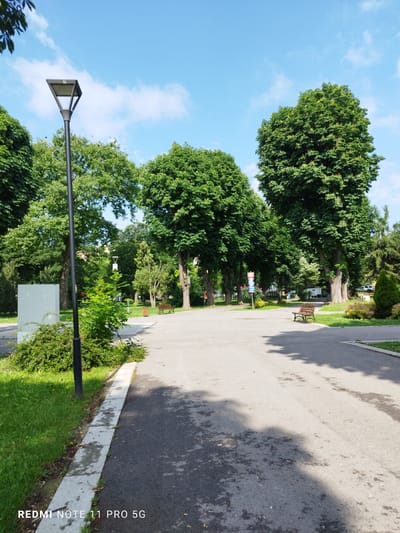 This image, captured in the city of Elin Pelin, Bulgaria, displays a sunny outdoor park or public garden scene. A paved asphalt pathway dominates the foreground and midground, exhibiting dappled shadows from overhead trees, suggesting bright sunlight. On the left side of the pathway, a tall, black, modern-style street lamp with a triangular head stands prominently, its base surrounded by green grass and low-lying shrubs. Adjacent to the lamp post and behind the curb, a light grey rectangular utility box is visible.

The environment is heavily treed with numerous large, mature deciduous trees featuring dense green foliage, some showing light yellow-green clusters of flowers or seeds. These trees line the pathway, extending into the background and creating a canopy. In the midground, on the right side of the pathway, a brown wooden park bench with a dark metal frame is positioned on a grassy patch. A second, similar bench is visible further back on the left, near another large tree. Further into the midground, on the left, a multi-directional signpost with colored arrows is situated among the trees. Near the bench on the right, a small, cylindrical brown trash receptacle is present.

The background consists of more dense tree cover, with glimpses of a clear blue sky adorned with scattered white cumulus clouds. No individuals are visible within the frame, nor are any specific actions or interactions taking place. The bottom left corner of the image contains a watermark that reads "REDMI NOTE 11 PRO 5G". The overall scene suggests a well-maintained urban green space under clear weather conditions.