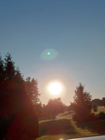 This media file captures an outdoor scene with a bright sun in the sky. The sun is a prominent subject, creating lens flare and illuminating the environment. Silhouettes of trees and foliage are visible, some appearing as dark masses against the bright sky and others catching the sunlight. There's a hint of a landscape, possibly rolling hills or fields, with shadows suggesting an uneven terrain. A building or structure with a light-colored wall is partially visible on the right side of the frame, reflecting the sunlight. The overall impression is that of a late afternoon or early evening in a rural or semi-rural setting, given the quality of light and the presence of natural elements. The sky is a clear blue, transitioning to a warmer, golden hue near the horizon where the sun is positioned. There are no people or text visible in the image. The image appears to be taken from a slightly elevated perspective, looking upwards and outwards towards the sun and the surrounding landscape.