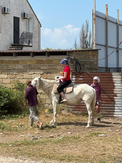Three people and a white horse are in an outdoor scene. One person, wearing a red shirt and blue bandana, is on the horse's back, leaning forward. Another person, wearing a red and blue checkered shirt and a white bandana, stands behind the horse, appearing to hold its reins. A third person, also in a red and blue checkered shirt and patterned pants, is on the ground next to the horse, facing away from the camera. The horse is looking down and to the right.
The background includes a brick wall, a corrugated metal fence, and a building with windows and air conditioning units. There is also dry grass and some green foliage. The scene appears to be illuminated by daylight, suggesting it is daytime. The sky is blue with some clouds.
The overall impression is a casual, possibly rural or informal equestrian setting. The individuals' attire suggests a warm climate. The brick and metal structures hint at a developed but possibly older or less maintained area.