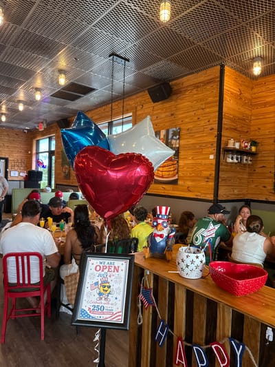 The image depicts a celebratory scene indoors, likely a restaurant, decorated for a patriotic holiday. In the foreground, a red heart-shaped balloon and two blue star-shaped balloons are prominently displayed. To the right of the balloons, a wooden counter features several decorative items, including an American bald eagle figurine wearing a top hat and holding a miniature flag, a white star-patterned lantern, and a red heart-shaped bowl. A sign is placed near the counter, stating "WE ARE OPEN ON JULY 4TH" and celebrating "250 YEARS OF AMERICAN FREEDOM." A banner with the word "HAPPY" spelled out in red, white, and blue letters hangs across the counter.
In the mid-ground, several people are seated at tables, appearing to be dining and socializing. The restaurant's interior is characterized by warm wood paneling on the walls and a metal grate ceiling with industrial-style lighting.
The image does not contain any specific indicators that would allow for precise location identification within the city of Naples, United States of America.