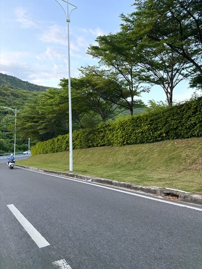 The image depicts a paved road with a white lane marker, curving to the left. On the left side of the road, a person is riding a white scooter away from the viewer. Behind the scooter, there is a streetlight and a gently sloping grassy area that leads up to a dense, green hedge. Beyond the hedge, a line of trees with lush green foliage can be seen, with a green, tree-covered hillside in the background. The sky above is partly cloudy with a light blue hue. On the right side of the road, another white streetlight stands next to a concrete curb. The overall scene suggests a road in a natural, possibly mountainous or hilly, environment. It is plausible that this road is located in Cam Lam, Vietnam, given the tropical vegetation and style of streetlights commonly found in the region.