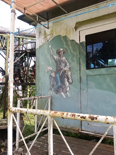 A faded mural depicts a cowboy riding a horse with a lasso raised against a mountain backdrop. The artwork is on a weathered, light green building with a window showing tree reflections. A rusted white railing runs along a wooden platform. A metal tower structure is partially visible to the left, entangled with foliage. The scene evokes a rustic, somewhat neglected outdoor setting.