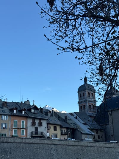An upward-angled outdoor shot captures an urban scene in Briançon, France, under a clear, bright blue sky. In the foreground, delicate, bare tree branches with small buds or early leaves are silhouetted against the sky, framing the upper left portion of the image.

The midground features a dense cluster of multi-story buildings with traditional pitched roofs, likely slate or dark tiles. The facades of these buildings display varying colors including orange, yellow, white, and grey. Many windows are visible, some adorned with green shutters, others with dark wooden ones, and several buildings have balconies. A prominent, ornate church or bell tower rises above the other structures. This tower, with its multi-tiered design, features arched windows and light-colored walls, culminating in a dark, rounded dome and a spire topped with a cross.

In the background, visible above the rooftops of the buildings, are the jagged, snow-capped peaks of mountains, characteristic of the alpine setting of Briançon. A white car is partially visible parked on a street between some of the buildings. A concrete or stone wall occupies the far right of the foreground, suggesting the viewpoint is from an elevated position. The clear sky and bright lighting indicate a sunny day, likely late winter or early spring due to the budding trees. No people or specific activities are visible, presenting a calm, architectural landscape.