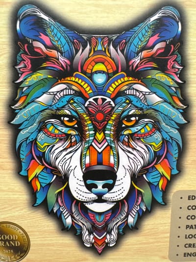 The image features a vibrantly colored, stylized depiction of an animal's head, possibly a wolf or fox, rendered in a digital art style. The animal is adorned with an elaborate headdress of feathers and geometric patterns in shades of blue, green, orange, pink, and yellow. The eyes are large and expressive with orange irises. The background is a light wood grain texture.

In the upper right corner, partially obscured by the artwork, is a small beige label with text. The visible text includes a bulleted list with words like "ED," "CO," "CO," "PAT," "LOG," "CRE," and "ENG," suggesting a list of categories or features. Below this, a circular seal is visible on the bottom right, featuring text that reads "TRUST PRÉSTIGE," "GOOD BRAND," and "2025."

The overall impression is one of bold, intricate design and artistic expression. The colors are bright and saturated, creating a dynamic and eye-catching visual. There is no discernible activity or event taking place, as the image focuses on the static representation of the animal's head. The emotion conveyed by the artwork is one of intensity and perhaps fierceness, given the stylized depiction. The location context of Keila, Estonia, does not appear to be directly represented in the visual elements of the image itself.