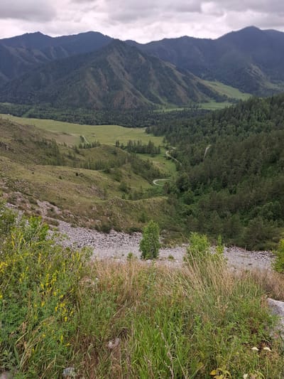 The image depicts a vast, mountainous landscape under a cloudy sky. The foreground is dominated by lush green and dry grass, with patches of yellow wildflowers and scattered rocks. A stony, barren slope descends from the mid-ground. Beyond this, a valley unfolds, featuring a winding dirt road, a small red building, and a wider expanse of green meadow. The valley is flanked by densely forested hills, which transition into larger, more rugged mountains in the background. The mountains exhibit a layered appearance with varying shades of green and grey, suggesting a remote and natural environment. There are no people or animals visible in the image. The location is not identifiable as Khabarovka, Russia, as the scenery does not match any known landmarks or typical geographical features of that city. The scene is entirely natural, characterized by rolling hills, dense forests, and a winding road.