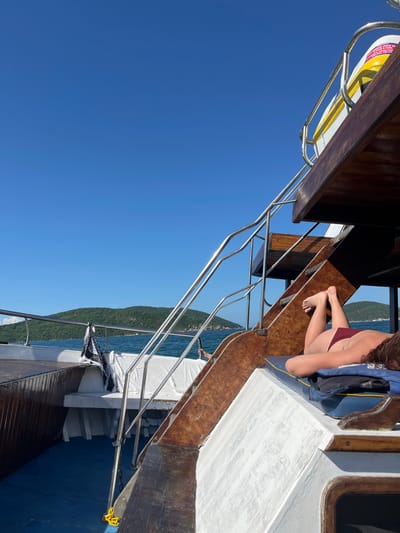 A view from a boat on a sunny day shows a woman in a bikini sitting on the edge. She has bare feet and a blue jacket nearby. The boat has wooden and white surfaces, with chrome railings and steps. The clear blue sky contrasts with the lush green coastline visible in the distance, separated by the water. A life preserver is attached to the structure.