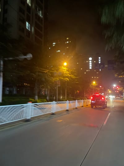 The image depicts a night scene on a multi-lane urban road in Dali City, China. The asphalt road surface is damp, reflecting the illumination from various light sources. A dark-colored SUV or hatchback, positioned in the right lane, faces away from the viewer with its red taillights illuminated. To the immediate left, a long, white temporary barrier with a wave-like or fan-like pattern extends along the roadside, supported by black bases. Behind this barrier, dense green tree foliage lines the street, illuminated by several prominent yellow streetlights. Multi-story buildings, some with illuminated windows, are visible on the left and in the mid-to-far background. One distant building features a circular logo and vertical signage. Farther down the road, multiple red traffic lights and additional vehicle headlights are visible, indicating other traffic. The sky above is dark and appears overcast. No individuals are visible within the frame.