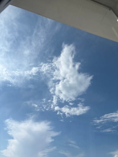 The image depicts a view of the sky from an elevated position, possibly from an airplane or a tall building. The sky is predominantly blue with scattered white clouds of various shapes and sizes. Some clouds are wispy and thin, while others are larger and more voluminous, with some appearing fluffy and textured. In the upper portion of the image, a portion of a white, angular structure is visible, likely a wing of an aircraft or part of a building's exterior, suggesting an urban or aerial perspective. The lighting indicates it is daytime, with the sun likely casting light from the left, creating subtle shadows and highlights on the clouds. There are no people or discernible landmarks of Засечное, Russia visible in the frame. The scene is serene and focuses solely on the atmospheric conditions.
