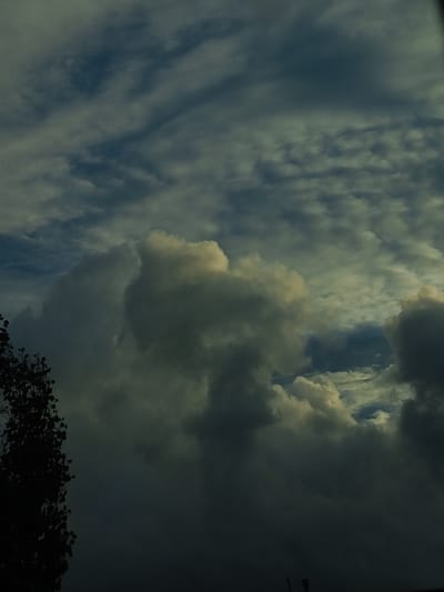 The image depicts a dramatic sky filled with a mix of dark, heavy clouds and lighter, more illuminated cloud formations. In the foreground on the left side, the silhouette of a tree with dense foliage is visible against the sky. The overall lighting suggests either early morning or late evening, with the sun partially obscured by the clouds, casting shadows and creating a somber atmosphere. The location is identified as Peetri alevik, Estonia. There are no visible people or specific structures beyond the silhouette of the tree.