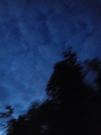 This is a photograph of a dark, cloudy sky, likely taken at dusk or during a storm. The dominant color is a deep, moody blue, with lighter, wispy clouds creating texture. Silhouetted against the sky are the blurred shapes of trees, their forms indistinct due to motion or low light. The overall impression is one of darkness and perhaps a sense of foreboding or mystery. There are no discernible people or objects, and no text is visible. The setting appears to be a natural landscape, possibly a wooded area, given the presence of the trees. The time of day is clearly not bright daylight, and the cloudy conditions suggest it might be inclement weather. The location context of Adzhimchyghra, Abkhazia, places the scene in a specific geographical region known for its natural beauty, which could include forests and dramatic skies. The lack of sharp detail and the overall darkness evoke a somewhat somber or dramatic atmosphere.
