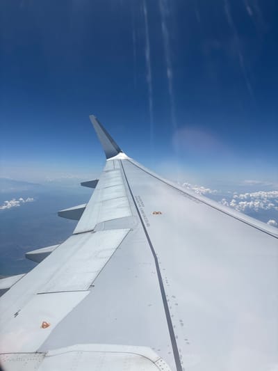The image depicts an aerial view from an aircraft window, showcasing the right wing of a commercial airliner against a clear blue sky. The wing, predominantly white, extends diagonally across the frame from the lower left to the upper right, culminating in an upward-curving winglet. Visible on the wing's surface are numerous rivets, panel lines, and text markings in multiple languages, including "NO STEP" and warnings against walking on specific areas. Two distinct orange-brown, D-shaped attachment points or markers are located on the wing's inboard section.
The sky above the wing is a deep, unblemished blue, gradually lightening towards the horizon. Several vertical streaks of light, indicative of sun reflections or lens flares, are present in the upper portion of the frame. Below the wing, a hazy terrestrial landscape stretches into the distance, characterized by undulating terrain and what appear to be distant mountains or hills. Scattered white cumulus clouds are distributed across the lower atmosphere, partially obscuring the ground. No individuals, specific structures, or direct human activity are discernible. This aerial perspective is observed in the context of the city of Taguermess, Tunisia.