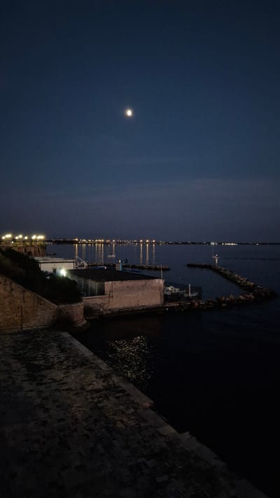 The image shows a nighttime view of the waterfront in Taranto, Italy, likely from a higher vantage point such as a fortification. The sky is dark blue, with a bright, small moon visible in the upper center. The sea is dark and reflects some lights from the distant city skyline, which features a long row of illuminated buildings and streetlights. In the foreground, a stone walkway or wall is visible, with a textured, possibly brick or cobblestone surface, leading down towards the water. To the left of the frame, there is a light-colored building with illuminated windows, nestled against a dark, overgrown embankment. Further along the waterfront, there are more structures and a breakwater made of large rocks extending into the sea. Several boats are moored in the water, and a small lighthouse or marker post is visible on the breakwater. The overall scene conveys a sense of quiet evening ambiance in a coastal urban setting.