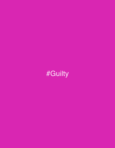 The image displays a plain, vibrant magenta or fuchsia background, uniformly colored across the entire frame. Centered horizontally and vertically on this colorful backdrop is the text "#Guilty". The text is rendered in a clean, sans-serif font and appears in white, providing a strong contrast against the bright pink background. There are no other visible subjects, objects, or discernible scenes. The image is minimalist, focusing solely on the color and the single word with its hashtag. There is no activity or event depicted, nor are there any time of day, weather, or specific location cues within the image itself.