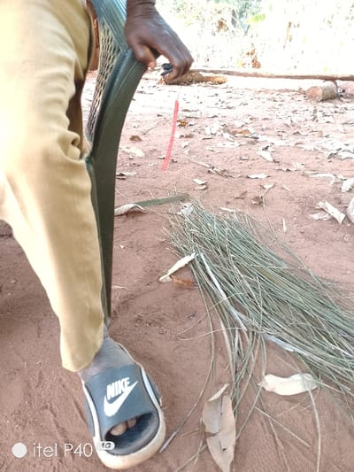The image depicts a close-up, ground-level view of an outdoor scene in Ede, Nigeria. A person, whose lower right leg clad in tan trousers, right foot wearing a black and white "NIKE" branded slide sandal, and right arm with dark skin tone holding a dark green plastic chair, occupies the left side of the frame. The person's hand grips the top edge of the chair's backrest. The ground consists of dry, reddish-brown dirt, sparsely covered with scattered dried leaves. To the right of the person's foot, a substantial pile of thin, light green stalks or reeds lies horizontally on the ground. Further right and slightly behind, a long, flat green object, possibly a tool or material, is also on the ground. A slender, bent red rod or wire stands vertically in the dirt, centered between the person and the pile of reeds. In the background, logs or cut wood pieces are visible on the dirt, with sparse vegetation and trees appearing beyond. The bottom-left corner of the image displays an "itel P40 4G" watermark.
