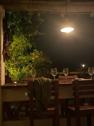 An outdoor scene at night features a lit lamp illuminating lush green foliage. To the right, a wooden structure with several wine glasses hanging upside down is partially visible. A folded blanket rests on the structure. The overall ambiance is dimly lit and creates a cozy, natural feel.