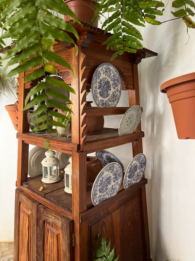 A wooden shelf unit with a decorative carved front sits against a white wall. It contains several blue and white decorative plates, two white candle lanterns, and an assortment of pottery. There are leafy plants hanging from the shelf unit and on the floor. The scene is located in a home in Tejeda, Spain, at the coordinates provided.