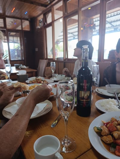The image captures a group dining scene, likely in Lương Sơn, Vietnam, given the context. The setting appears to be an indoor restaurant with wooden paneling on the ceiling and large windows with wooden frames. A wooden table occupies the foreground, laden with food and drinks.
In the center of the table stands a dark glass bottle of "RƯỢU CHẤT" (Dalat mulberry wine), with its label clearly visible. Beside it, an empty wine glass is positioned. Several plates of food are distributed around the table, including a dish of rice and a plate with what appears to be chicken stir-fry with vegetables. A white ceramic cup is also present.
In the foreground, the hands and arm of a person are visible, holding a piece of bread and dipping it into a white bowl. Another person's arm is partially visible to the left. In the background, the faces and shoulders of other diners are discernible, as well as more wine glasses and table settings. The overall atmosphere suggests a relaxed meal with multiple people. The lighting suggests it is daytime, with natural light entering through the windows.