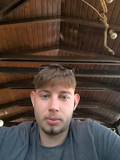 This is a selfie taken by a young man with light brown hair, green eyes, and a light beard. He is wearing a dark gray t-shirt and black earbuds. Sunglasses are perched on top of his head. He is looking directly at the camera with a neutral expression.

The background is an interior of a structure with a wooden ceiling composed of many planks and dark wooden beams. A decorative light fixture made of driftwood with two exposed bulbs is visible hanging from the ceiling. The lighting suggests it is daytime, possibly late afternoon, given the warm tones and the way the light illuminates the wooden surfaces. The setting appears to be an outdoor covered area, possibly a patio or a cafe with a rustic, natural aesthetic.

No text is visible in the image. The overall impression is a casual, relaxed moment captured by the subject.