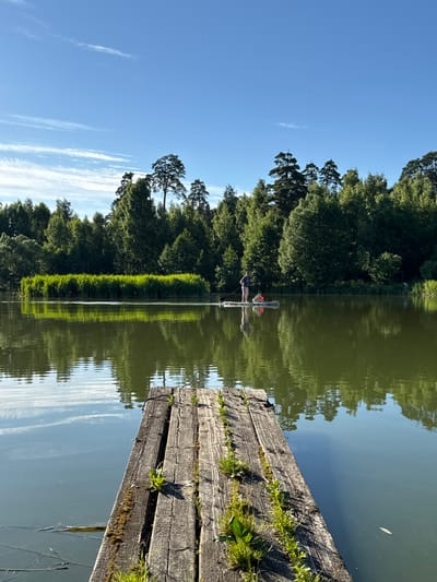 In the city of Sloboda Staraya, Russia, a serene lake is depicted under a clear blue sky with scattered white clouds. In the foreground, a weathered wooden dock with grass growing between its planks juts out into the calm, reflective water. The lake mirrors the lush green trees that form a dense forest lining the distant shore. In the middle ground, two individuals are on a paddleboard in the water. One person stands upright, while the other sits closer to the front of the board. The scene captures a peaceful moment of outdoor recreation on a sunny day.