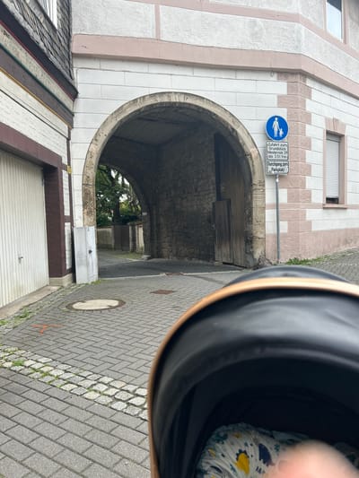 This is a vertical, eye-level, outdoor photograph showing an arched passageway in Königslutter am Elm, Germany. The passageway is made of stone and leads to a courtyard with trees visible in the distance. To the left of the passageway is a building with a white and pink facade. A street sign with German text is affixed to the wall. The sign has a blue circle with a pictogram of a person walking a dog and text that reads "Durchfahrt zum Parkplatz." Below this, there is another sign with German text. To the right of the passageway is a paved street with cobblestones. A large, dark, circular object, likely the edge of a stroller or a camera lens hood, partially obscures the top right corner of the image. The weather appears to be overcast. The image seems to have been taken during the day.