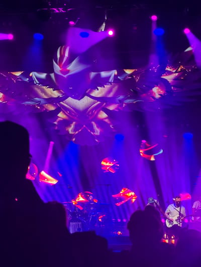 This image captures a live music performance at the Hampton Coliseum in Hampton, Virginia, United States of America, a venue located near Virginia Beach. The scene is dominated by vibrant purple and blue stage lighting, with beams of light cutting through atmospheric haze. A large, abstract projection resembling a stylized bird or mythical creature with feathered wings is displayed on a screen or backdrop above the stage. Several illuminated, geometric shapes in shades of red and orange are suspended in the air.
In the foreground, the silhouettes of concert-goers are visible, looking towards the stage. On the stage itself, a drummer is seated behind a drum kit, illuminated by spotlights. To the right, a musician wearing a white t-shirt and a baseball cap is playing a white electric guitar. Another person in a white t-shirt stands behind him. The stage floor appears to be lit, with some elements of stage equipment visible. The overall atmosphere is energetic and immersive, characteristic of a concert setting.