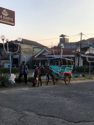 This media file depicts a street scene in Sidoarjo, East Java, with a horse-drawn carriage as a central object. The carriage is painted in vibrant colors of green and red, and its yellow wheel is prominent. Two horses are harnessed to the carriage, and a person, possibly the driver or a handler, is standing near the horses. In the background, there are buildings with traditional tiled roofs, suggesting a local marketplace or commercial area. A prominent sign for "A KARTO Special Iga Bakar" is visible, indicating a food establishment. Another sign with Indonesian text, including "KE AGFA AJA!", suggests a business or service. The lighting indicates it is likely late afternoon or early evening, with the sun casting a warm glow on the scene. The overall atmosphere appears to be calm and ordinary, with no strong emotions conveyed. The image is oriented vertically, with the road running from the bottom right to the top left.