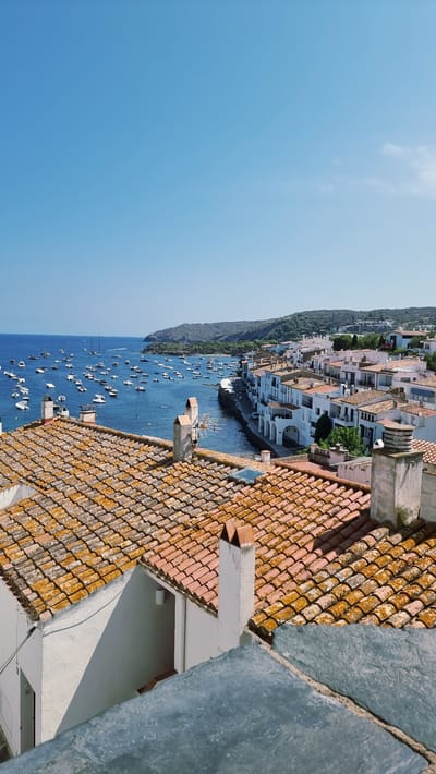 The image captures a sun-drenched panoramic view of Cadaqués, a picturesque coastal town in Catalonia, Spain. In the foreground, terracotta roof tiles, weathered and tinged with moss, cover the rooftops of white-washed buildings. Chimneys punctuate the tiled surfaces, some displaying brickwork details.
Beyond the immediate rooftops, the azure waters of the Mediterranean Sea are dotted with numerous boats, ranging from small dinghies to larger yachts, anchored in a calm bay. The town itself unfolds along the coastline, characterized by its signature white houses with red-tiled roofs, nestled closely together. The architecture suggests a Mediterranean style, with arched doorways and balconies visible on some buildings.
Further in the background, a verdant, hilly landscape forms a backdrop to the town, meeting the sea. The sky above is a clear, vibrant blue, with a few wispy clouds on the horizon. The overall impression is one of a tranquil, idyllic seaside village bathed in bright sunlight. No people are discernible in the frame.