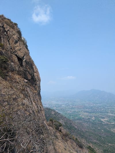 This image depicts a panoramic view from an elevated position in Kadaladi, India. The left side of the frame is dominated by a steep, rugged mountain face composed of brown and gray rock, exhibiting visible strata and sparse, dry vegetation with numerous bare branches in the foreground. Beyond the immediate mountainside, a vast valley extends into the middle ground, featuring a patchwork of green agricultural fields, scattered trees, and clusters of buildings indicative of a town or village. Distant mountain ranges, partially obscured by atmospheric haze, are visible on the horizon. The sky is clear blue with a single prominent white cloud in the upper left quadrant and a smaller, fainter cloud lower in the distance. No individuals, animals, or active interactions are visible.