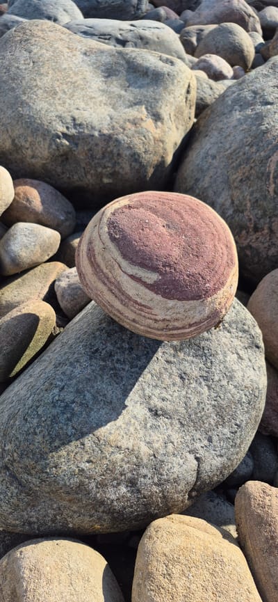 A pile of rounded, natural stones is visible. The focal point is a single, smooth, ovoid stone with swirling bands of pink and off-white, resting on top of a larger, grey, textured stone. The surrounding stones are of varying sizes and colors, predominantly grey and tan. The lighting suggests an outdoor, natural setting, possibly a beach or rocky terrain, with shadows cast across some of the stones. The scene is devoid of any human presence or activity. The location is identified as Моторное, Russia.