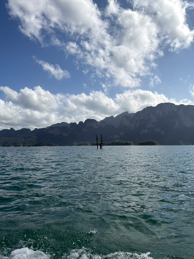 A wide-angle, vertical, outdoor, daylight shot captures a serene view of a vast body of water against a backdrop of dramatic, dark, rocky mountains. The foreground is dominated by the dark teal water, rippled by a gentle breeze and showing some white foam and spray on the right side, indicating movement. In the middle ground, a stark, bare tree trunk, devoid of leaves, rises from the water, creating a solitary silhouette. Further back, the impressive mountain range stretches across the horizon, its peaks shrouded in shadow and mist, with lush green vegetation covering their lower slopes. Small, tree-covered islands are scattered in the distance, breaking the expanse of water. The sky above is a brilliant blue, dotted with dramatic, fluffy white clouds that cast soft shadows on the landscape below. The scene is likely located in or near Ban Chiao Lan, Thailand, a region known for its stunning limestone karst formations and emerald-green reservoir waters. There are no people or specific actions depicted, and the overall atmosphere is one of natural tranquility and grandeur.