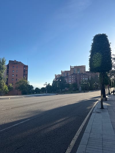 The image captures a wide, paved street in Oviedo, Spain, under a clear blue sky. The street runs diagonally from the bottom left to the top right of the frame, with a visible lane marking. To the right, a sidewalk paved with rectangular stones runs parallel to the street, lined with lampposts and trees. A tall, manicured evergreen tree stands prominently on the sidewalk, casting a long shadow across the street.

In the background, several multi-story buildings with red brick facades are visible. The architecture suggests an urban setting. Further in the distance, a hazy landscape of rolling hills can be seen. A single person is walking on the sidewalk towards the right edge of the image. The lighting indicates it is likely morning or late afternoon, with the sun casting strong shadows. The overall impression is that of a quiet urban street on a sunny day.