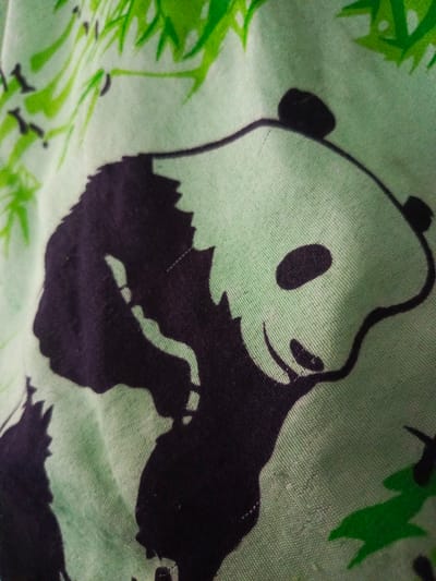 The image is a close-up, top-down view of a light green fabric with a repeating pattern of pandas and bamboo leaves. The pandas are black and white, with large black eye patches and a smiling expression. The bamboo leaves are a vibrant green. The fabric appears to be cotton or a similar textile, with a visible weave texture. There is no indication of the location within the city of Irbeyskoye, Russia, or any other environmental details.