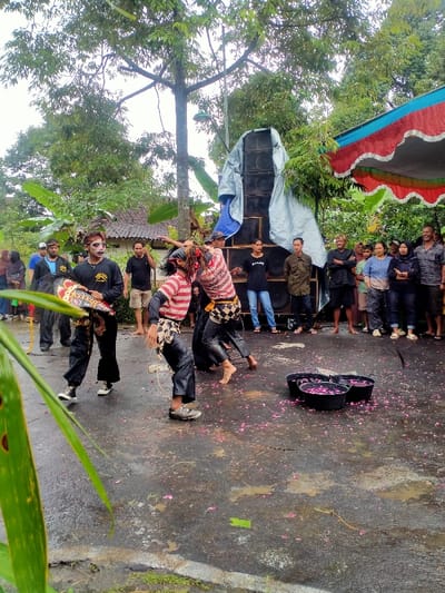 An outdoor cultural performance or ritual is depicted in Mojogedang, Indonesia. Approximately 15-20 individuals are present under an overcast sky on a wet, paved surface scattered with pink flower petals. In the foreground, three men are actively performing. One man on the left wears a black long-sleeved shirt, black pants, white face paint, and holds a colorful, decorated flat horse-shaped prop. Another central performer wears a red-and-white striped long-sleeved shirt, dark pants, a checkered waistcloth, and is barefoot in a dynamic, bent-over stance. A third performer is partially obscured behind him. To the right, three black plastic buckets containing water and pink flower petals rest on the pavement. In the background, a large stack of loudspeakers is covered with grey and blue tarpaulins. A red and blue fabric canopy extends from the right. Spectators in casual clothing observe the performance. The background features dense green foliage, large trees, and a distant house with a tiled roof. The ground shows puddles and reflections, indicating recent rain.