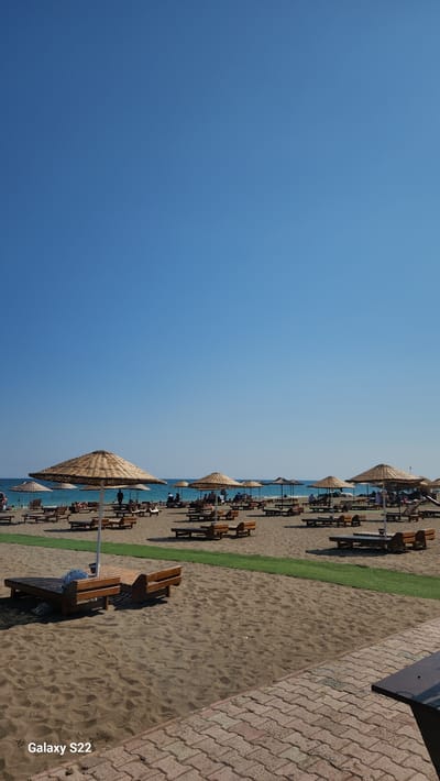 This is a vertical full shot of a sunny beach scene in Erdemli, Turkey. The upper half of the image features a clear, deep blue sky. Below the sky, the turquoise sea meets a wide sandy beach. The beach is densely populated with numerous conical, straw-thatched parasols providing shade over dark wooden lounge chairs and daybeds. These are arranged in organized rows, stretching from the foreground towards the waterline. Several individuals are present, some relaxing on the lounge chairs under the umbrellas, while others are seen closer to the water. A narrow strip of green grass runs horizontally across the midground of the sandy beach. In the immediate foreground, a patterned brownish-red paver sidewalk is visible on the right, with the corner of a dark-surfaced table present. The text "Galaxy S22" is watermarked in the bottom-left corner of the image.